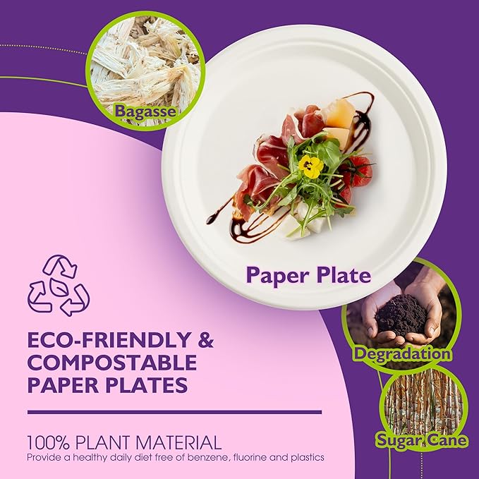 Compostable Paper Plates 10 Inch 500 Pack, Biodegradable Disposable Plates Heavy Duty White Plates, Made of Natural Sugarcane Bagasse, Unbleached Round Dinner Plates