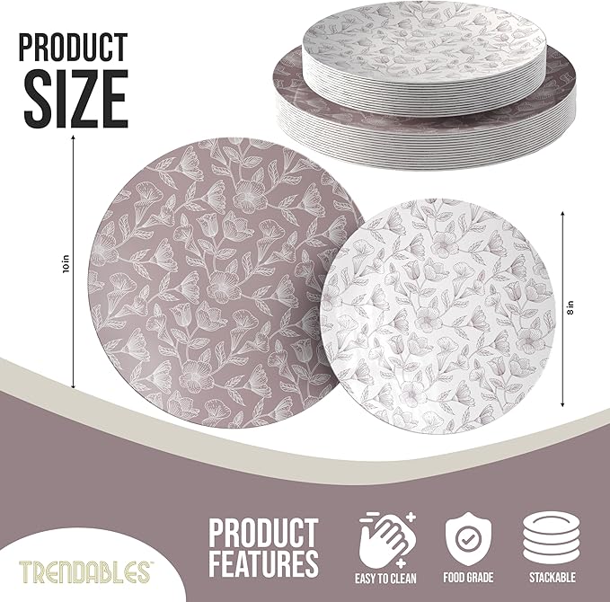 Trendables Disposable Dinnerware Decorative Plates Plastic Disposable Plates Set For 20 Guests 20 x 8 Inch Dessert Plate & 20 x 10 Inch Wedding Party Plate Set Blossom Circle