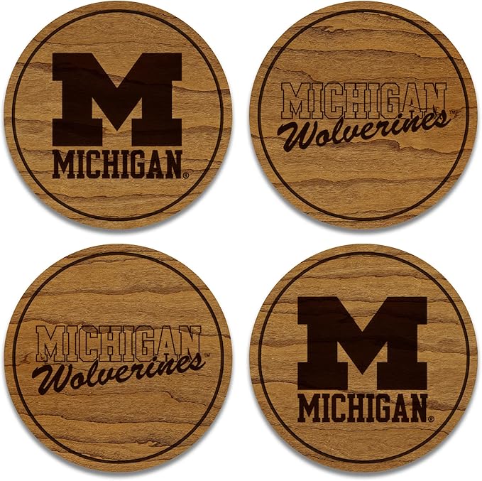 LazerEdge University of Michigan Wolverines Wooden Coaster Set - Maple Wood - Officially Licensed Product - 4-Pack