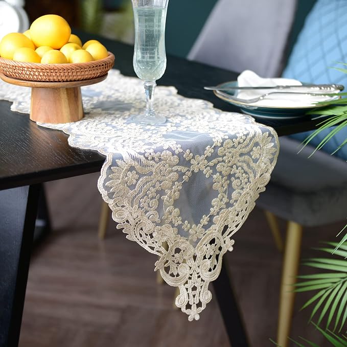 SUTAVIA Lace Table Runner 12"×96" Gold Embroidered Dresser Scarf | Classic by SUTAVIA