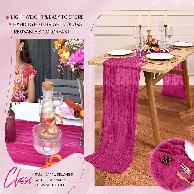 Showgeous 2 Pack Fuschia Cheesecloth Table Runners Boho Wedding Decor | Rustic - Image 5
