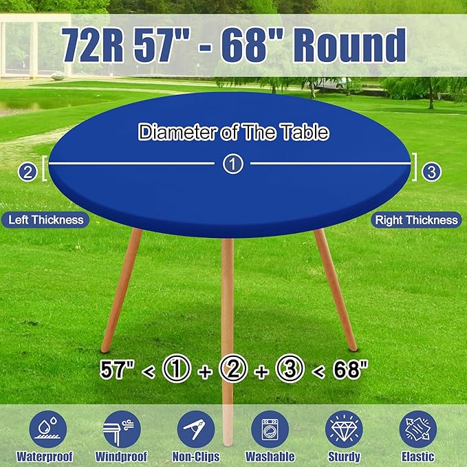Round Spandex Tablecloth 2 Pack, Elastic Fitted Waterproof Tablecloths for 57"-68" Tables, Stretch Washable Picnic Table Cover for Camping, Dining, Indoor and Outdoor, Blue