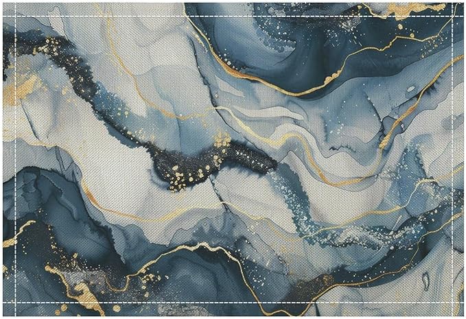 Marble Linen Place Mats Set of 4, 12x17 Inch Modern Abstract Foil Stone Texture Gold Navy Blue Marble Washable Fabric Non-Slip Placemats for Home Dining Table Banquets Party Kitchen Decoration