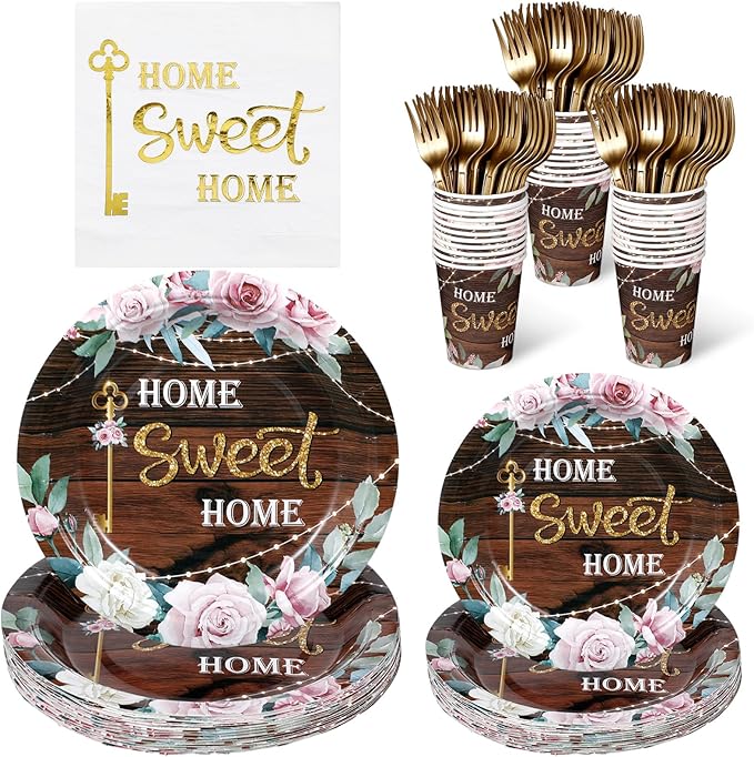 Zubebe 120 Pcs Housewarming Party Tableware Home Sweet Home Plates and Napkins Disposable Sets Rustic Leaves Floral House Warming for New House Wedding Party Supplies Serve 24 Guests(Boho Style)