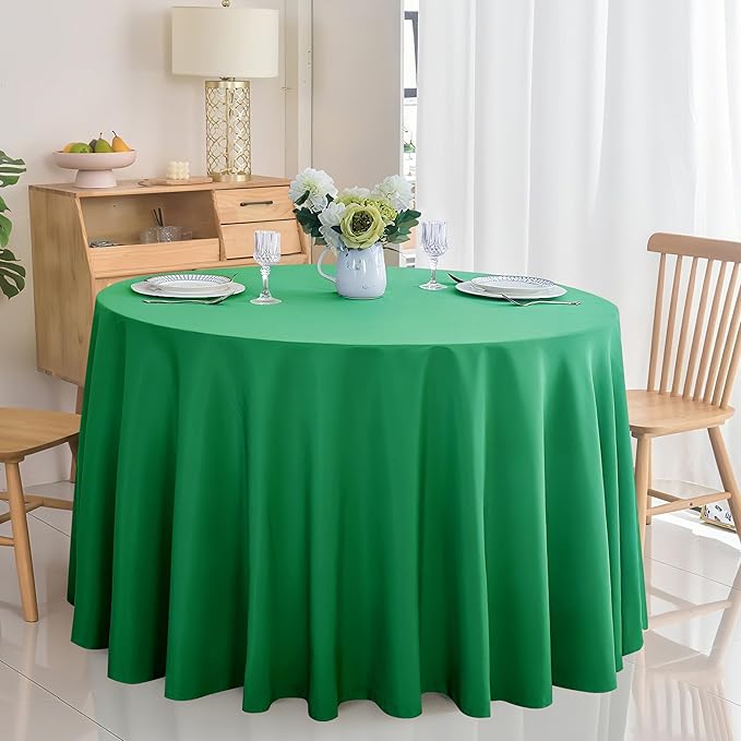 2-Pack Round 108-inch Forest Green Table Cloths, Solid Stain and Wrinkle Resistant Circular Tablecloth, Premium Plain Weave Polyester Fabric Table Linen Covers for Hotel, Banquet