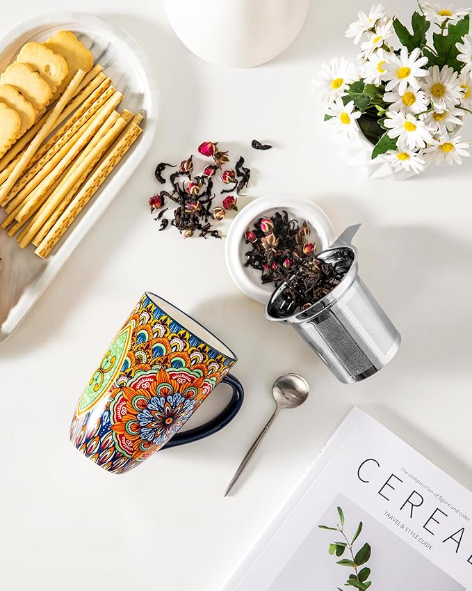vancasso Ceramic Tea Mug with Infuser and Lid, 18 Ounce Bohemian Loose Leaf Cup, Microwave & Dishwasher Safe, Perfect for Tea, Coffee, Burnt-Cobalt Mandala
