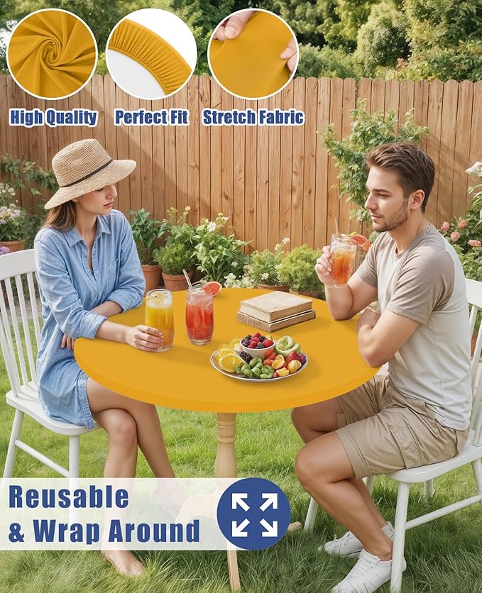 Round Spandex Tablecloth 2 Pack, Elastic Fitted Waterproof Tablecloths for 57"-68" Tables, Stretch Washable Picnic Table Cover for Camping, Dining, Indoor and Outdoor, Mustard Yellow