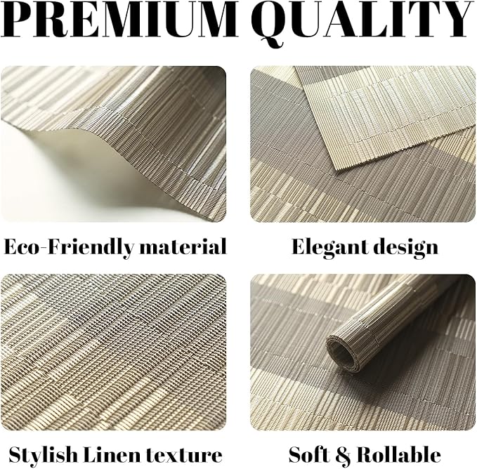 Placemats Set of 4 Vinyl/Plastic Woven Place Mats for Kitchen Table Indoor/Outdoor Washable Placemat Wipeable Dining Table Mats (Ombre Glod,4)
