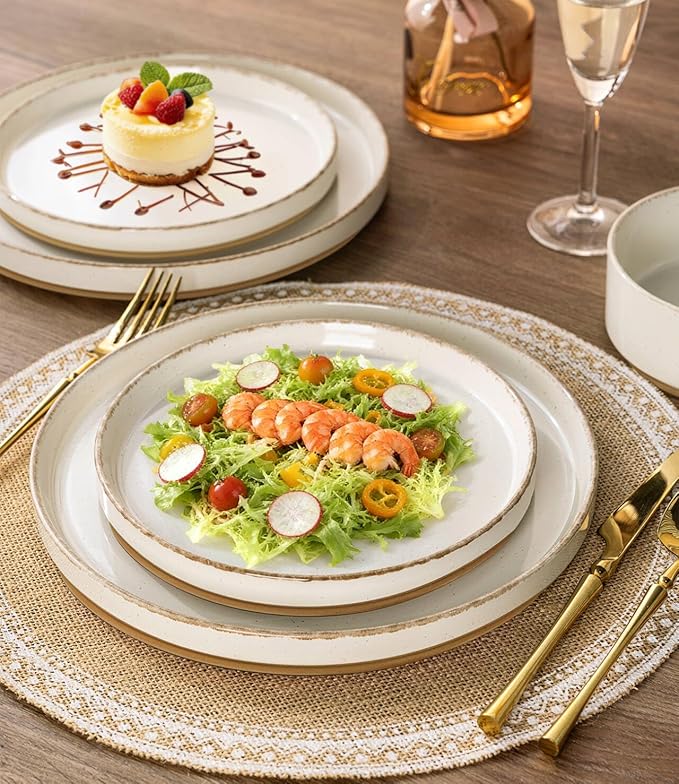 AmorArc Ceramic Dinnerware Sets for 4, 12 Pieces Handpainted Plates and Bowls Set with Rustic Terracotta Underside, Scratch Resistant Stoneware Dishes Set, Dishwasher & Microwave Safe