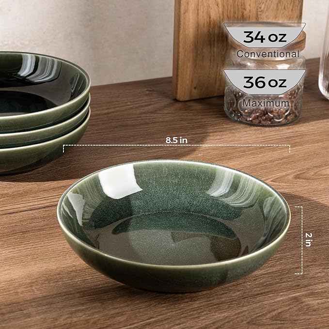 AmorArc 8.5'' Large Ceramic Pasta Bowls, 36oz Stoneware Pasta Serving Bowls Set of 4 for Kitchen, Wide Bowls for Pasta,Salad,Oatmeal, Microwave Safe, Reactive Glaze-Earth Green
