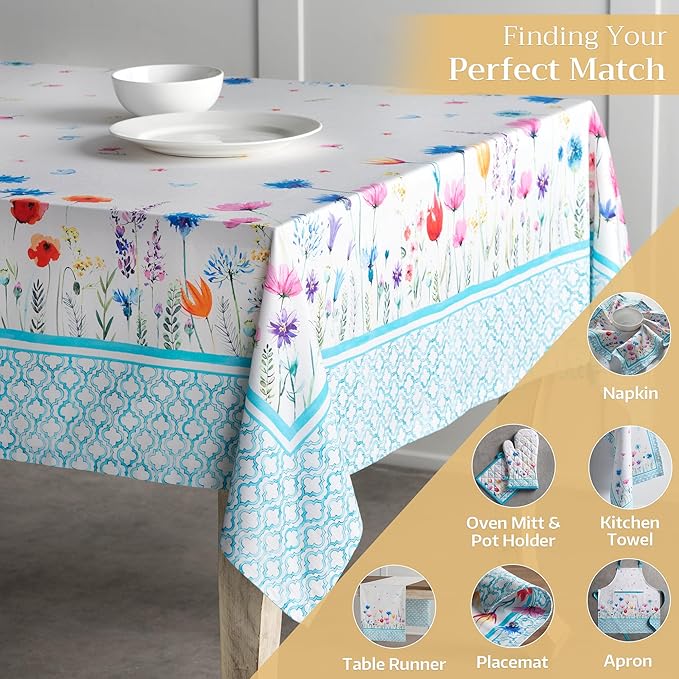 Maison d' Hermine Table Cloth Square Table 100% Cotton 54 x 54 Inches Tablecloth Reusable Decorative for Dining Room Farmhouse Home Valentines Day Decorations Spring Summer - Flower in The Field