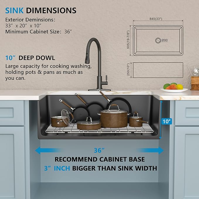 33"x20" Black Farmhouse Sink – Flat Apron Front Matte Black Porcelain Ceramic Fireclay Deep Single Bowl Farm Kitchen Sink Basin