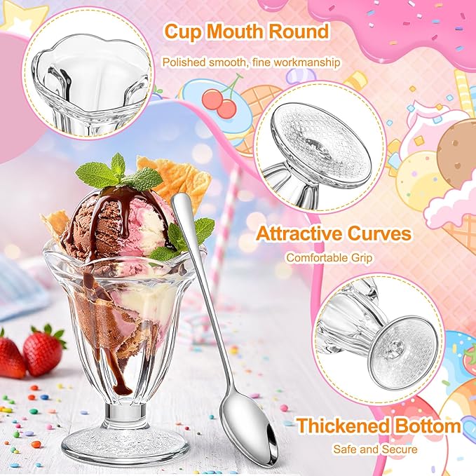 6 Pcs Glass Dessert Cups Set, 6.8 oz Clear Tulip Sundae Cups with Long Handle Spoons, Footed Parfait Trifle Glasses for Valentine's Dessert, Date Night Fruit Cocktail