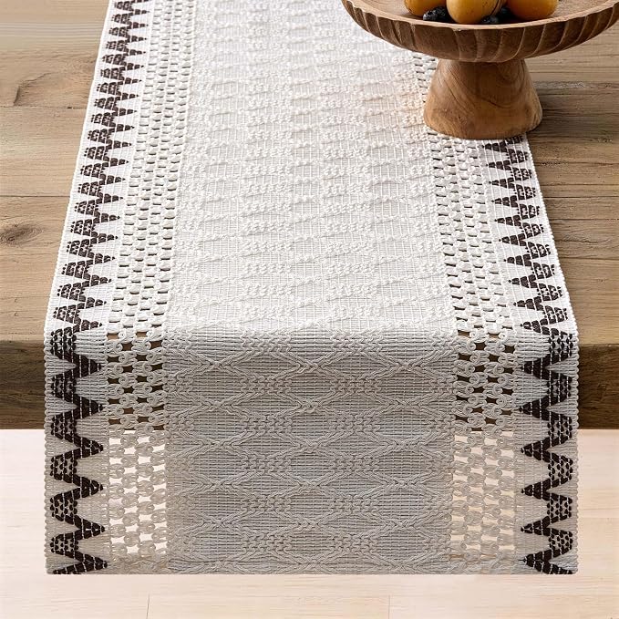 Macrame Side Trim Boho Woven Table Runner, Chocolate 12x48 Inch | Crochet - Image 6