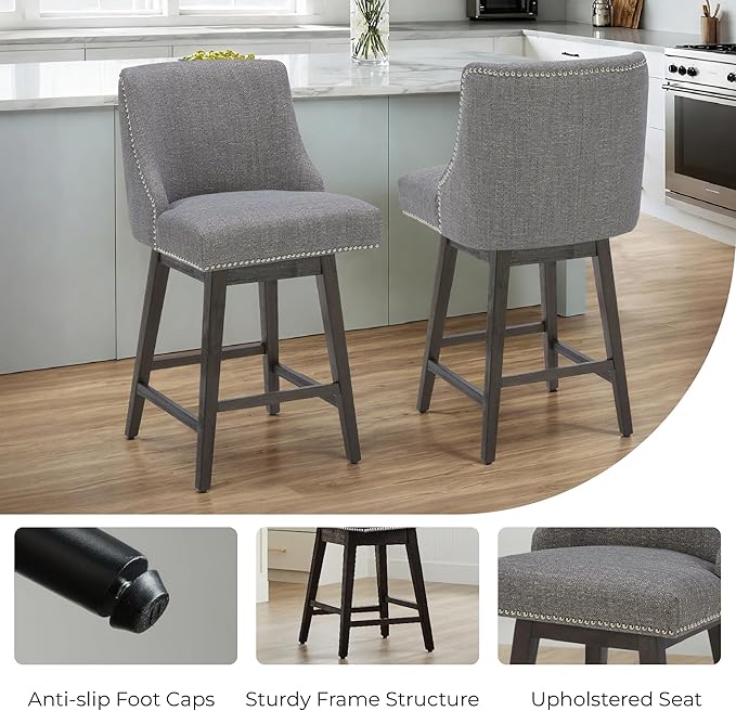 CHITA Counter Height Swivel Bar Stools, FSC Certified Upholstered Counter Stools, Modern Swivel Barstools with Wood Legs for Kitchen Island, 26" Seat Height, Fabric in Fog