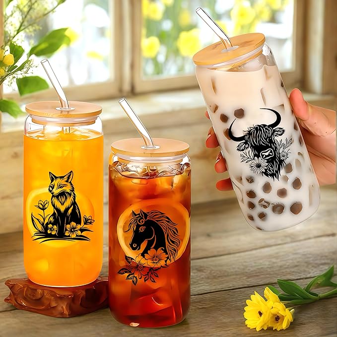 Cute Fox Glass Cup With Lids And Straws, Fox Gift For Women, Iced, Coffee, Smoothie, Cocktail, Beer, Whiskey, Soda, Matcha,16 Oz, Home Office Table Desk Decoration!