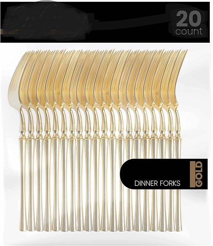 PlasticPro 20 Count Gold Plastic Dinner Forks Premium Quality Heavy Duty Disposable Elegant Silverware Dinner forks for Party