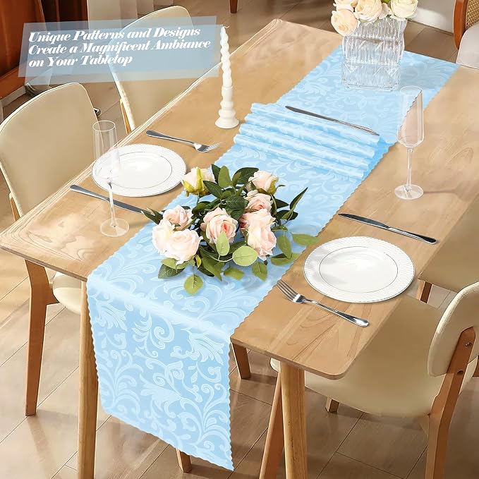 MILVOWOC 12 Pack Light Blue Satin Table Runner, 12 x 72 Inch | Jacquard Damask - Image 2