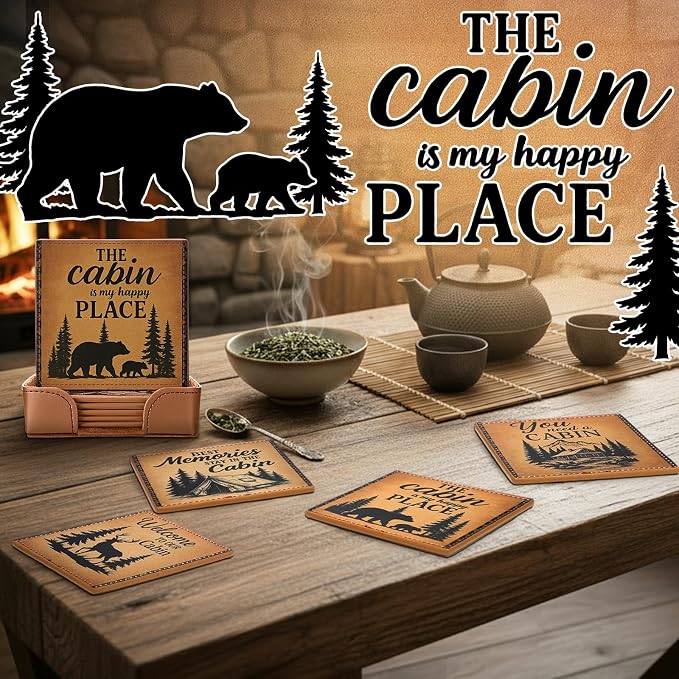 Rustic Cabin Bear Artificial Leather Coasters Set of 6 - Image 5