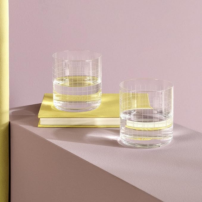 NUDE Whiskey Glasses Set of 4 DOF – 13.25 oz Finesse Grid Lead-Free Crystal Old Fashioned Rocks Glasses for Whisky, Scotch & Bourbon – Etched Graphic Motif, Dishwasher Safe Barware