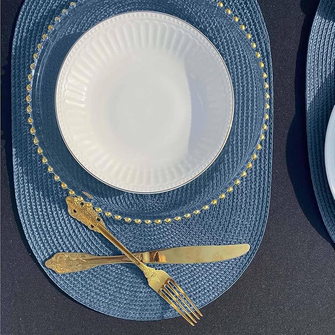 FunWheat Oval Braided Placemats Set of 8 Table Mats for Dining Tables Washable Heat Resistant Place Mats for Indoor Outdoor Use 12 x18 Inch(Oval Blue, 8pcs)