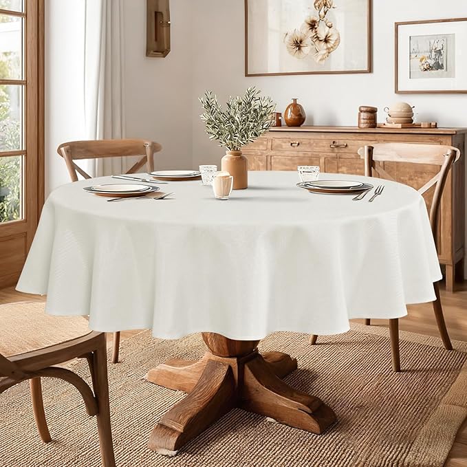 JIUZHEN Round Table Cloth Faux Linen Farmhouse Tablecloth Wrinkle & Stain Resistant Table Cover for Kitchen Dining, Holiday Party Dinner, White, 120 Inch Round