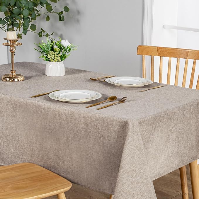 JIUZHEN 2 Pack Rectangle Table Cloth Faux Linen Farmhouse Tablecloth Wrinkle and Stain Resistant Decorative Fabric Table Cover for Kitchen, Dining Room, Parties and Camping, Stone, 60 x 84 Inch