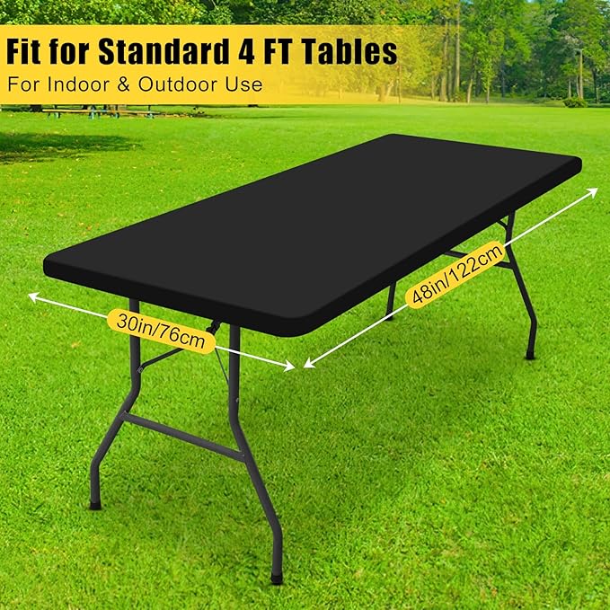 Smiry Rectangle Tablecloth, Elastic Fitted Flannel Backed Vinyl Tablecloths for 4ft Folding Tables, Waterproof Wipeable Table Covers for Indoor, Outdoor, Picnic and Camping (Black, 30"x48")