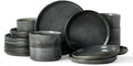 famiware Star Dinnerware Set, Plates and Bowls Sets for 6 (18pcs), Ribbed Stoneware Dishes - Chip & Scratch Resistant, Microwave & Dishwasher Safe Kitchenware, Deep Forest