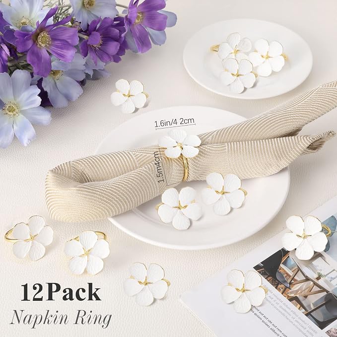 Lewondr Napkin Rings 12 Pack Flower Napkin Holders Dinner Table Rings White | - Image 5