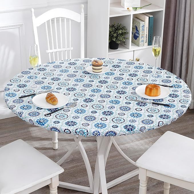 Walrus Round Vinyl Fitted Tablecloth with Flannel Backing Elastic Edge Design Table Cover Waterproof Oil-Proof PVC Table Cloth Stain-Resistant Best for 37"-44" Round