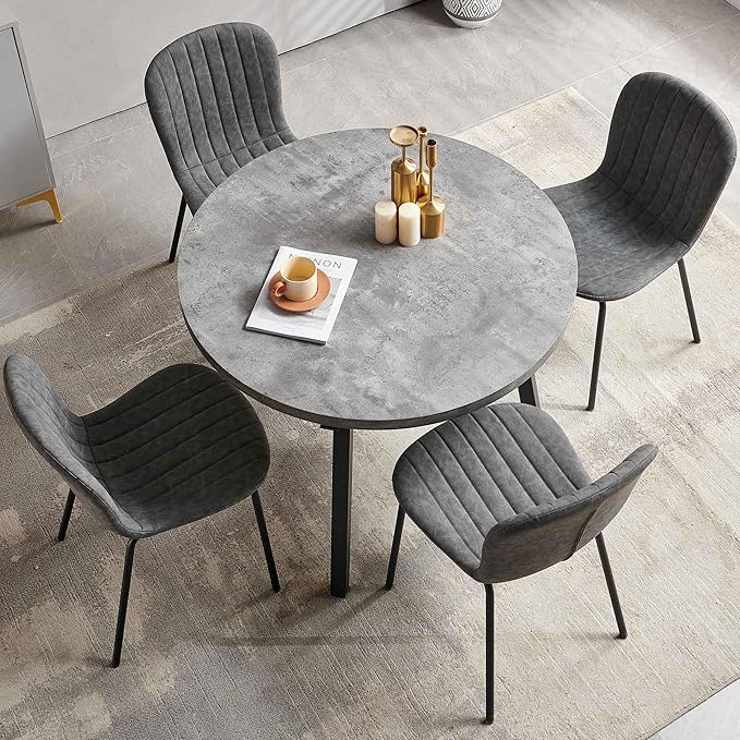 Round Dining Table Set for 4 with PU Leather Chairs - Modern Kitchen Table and Chairs Set for Small Spaces - Dark Grey