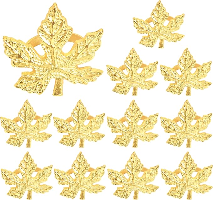 CLEENTABLE Elegant Handcrafted Leaf Napkin Rings - Set of 12 Premium Aluminum Holders for Dinner Parties, Weddings, Special Occasions & Everyday Dining (Gold)