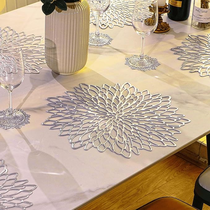 Snowkingdom 6 Pack Silver Placemats Metallic Glitter Pressed Vinyl Dinning Table Mats Decorative Round Leaf Charger for Winter Holiday Thanksgiving Christmas