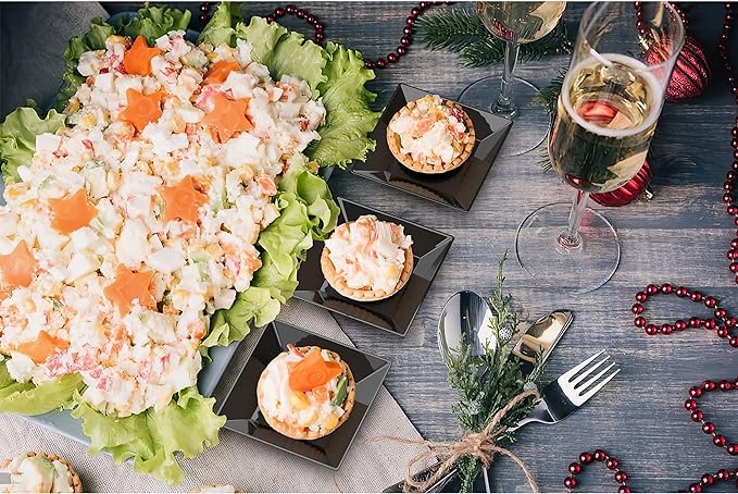 Exquisite Mini Disposable Appetizer Plates - 500 Pack 2.95 In. x in. Black Plastic Dessert Elegant Design for Weddings, Birthdays, and Formal Parties Stackable Convenient BPA Free