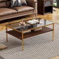 Mid Century Modern 2-Tier Coffee Table with Gray Tempered Glass Top & Wood Storage Shelf – Space-Saving Center Table for Living Room, Apartment & Small Spaces (Golden)