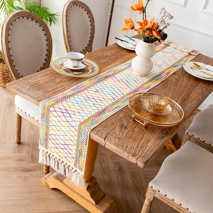 EMMTEEY Macrame Table Runner Boho Style 72 Inches Long, Hexagonal Colorful | - Image 7