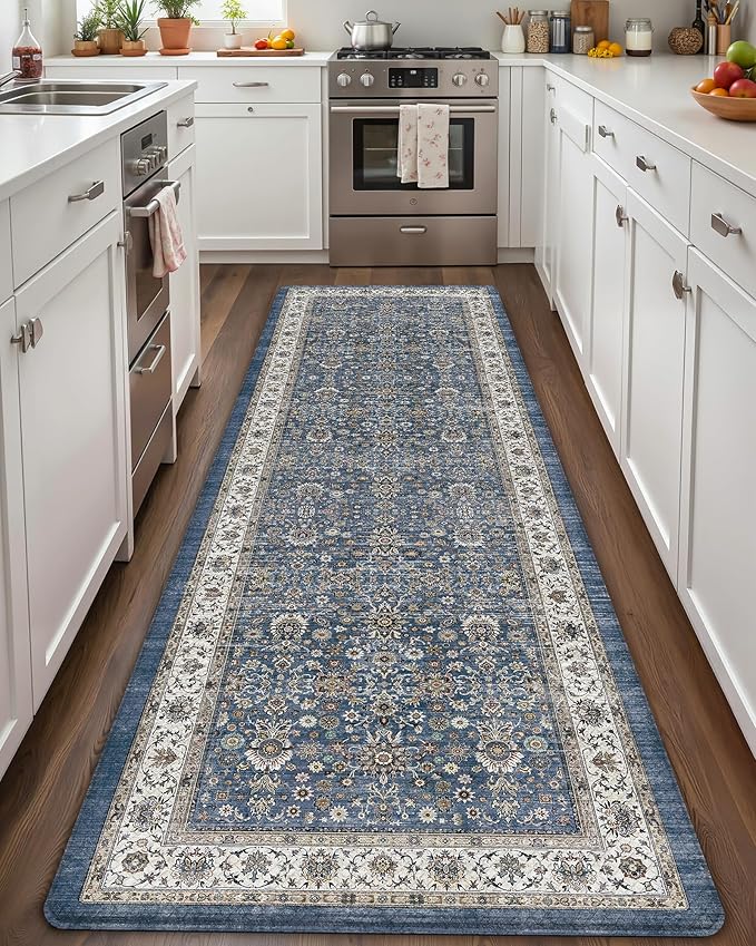 Color&Geometry Anti Fatigue Kitchen Mats for Floor 24x87, Vintage Decor, Easy Clean, Waterproof & Oil Proof, 0.4" Thick Cushioned, Non-Slip Kitchen Runner Rug for Sink, Laundry, Office, Blue