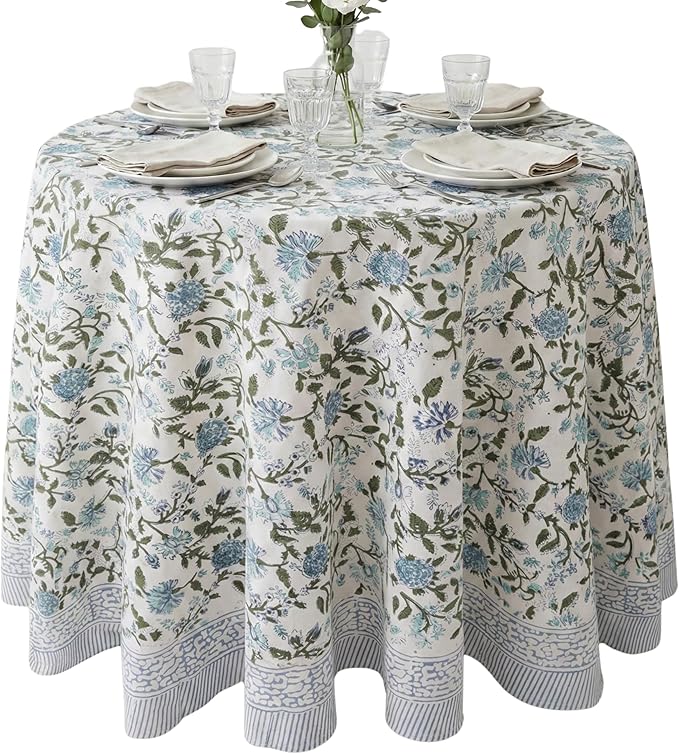 ATOSII Mahoka Blue 100% Cotton Round Tablecloth, Block Print Floral Table Cloth for Dining, Parties, Weddings, Outdoors, Holidays I 60" Inches I Grandmillennial Farmhouse Boho Spring Summer