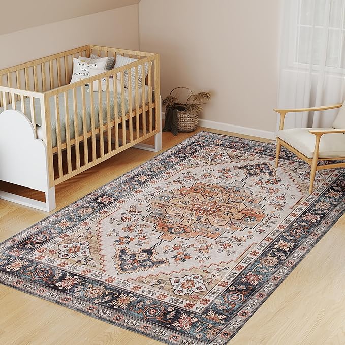 HOMCOM Washable Area Rug, 5'x7' Vintage Indoor Distressed Carpet, Retro Floor Cover Foldable, Floral Print Mat for Living Room, Bedroom, Dining Room, Tawny Brown