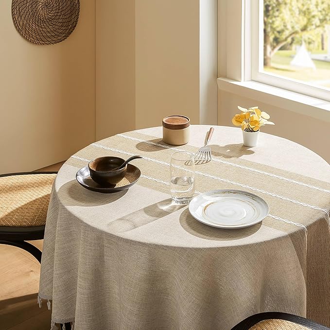 ZeeMart Contrast Linen Round Tablecloth 52 Inch Brown, Farmhouse Style Round Table Cloth Heavy Weight Beige Tablecloths, Water Resistant Burlap Table Cloths