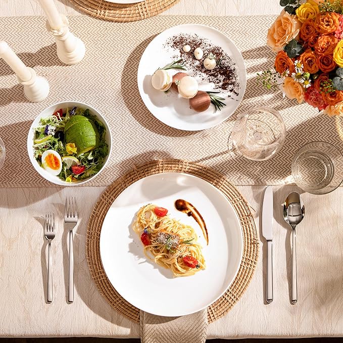 KINGSTONE 12-Piece Bone China Dinnerware Set for 4, Lightweight and Durable, Microwave and Dishwasher Safe, White Plates and Bowls for Everyday Use