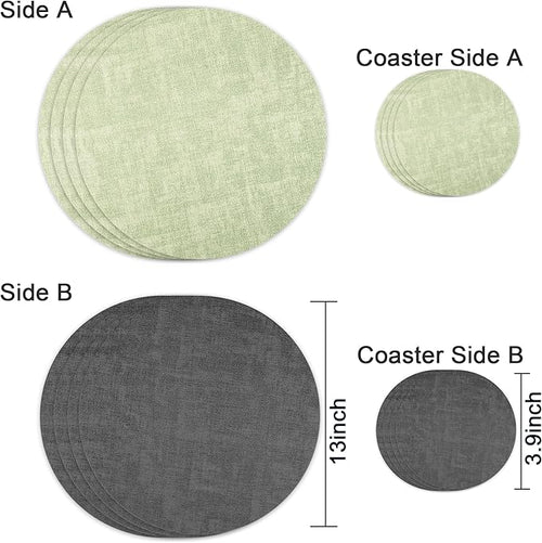 13-Inch Faux Leather Round Placemats Set of 4, Waterproof Anti-Slip Dual Sided Place mats, Heat Resistant Washable Table Mats with Coaster, Suitable for Indoor & Outdoor (4, Black Light Green)
