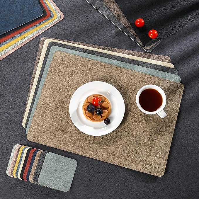 Myir JUN Placemats Set of 8, Dual Sided Faux Leather Placemats Place Mats Set of 8 Indoor for Dining Table Non-Slip Washable Heat Resistant Outdoor Table Mats (Set of 8, Black Gray)