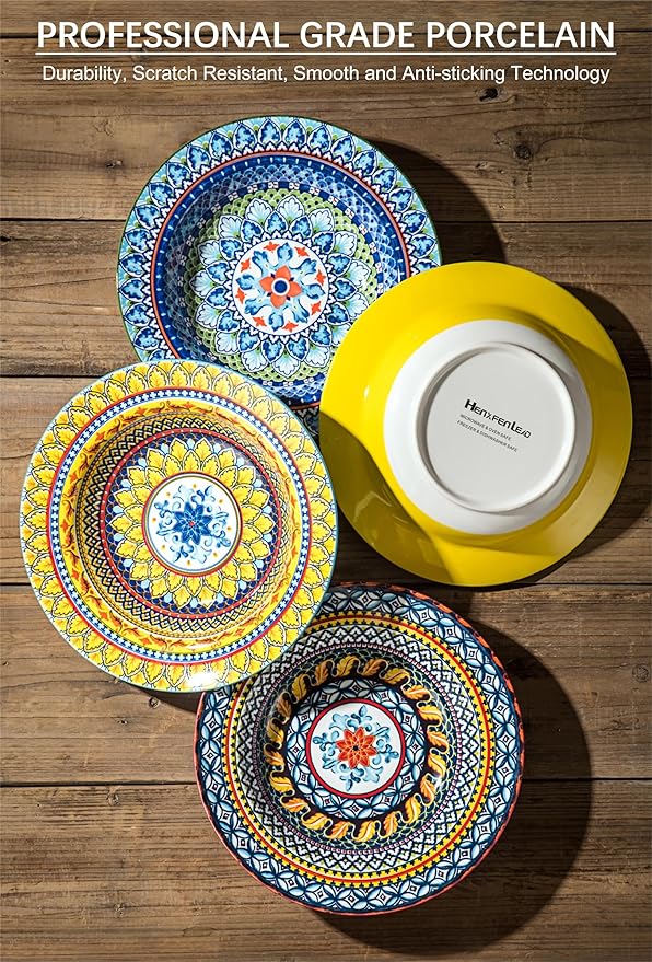 Soup and Pasta Bowls Set of 4-18 Oz Wide Rim, Porcelain Serving Bowls for Kitchen, Deep Dinner Plates - Microwave & Dishwasher Safe - Bohemian Style