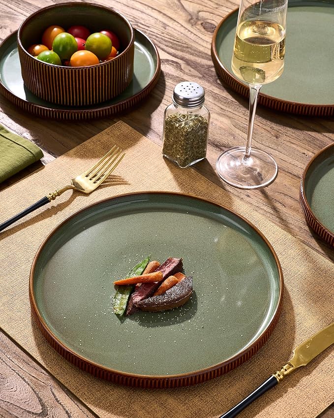 Stoneware Dinnerware Set for 4, Handmade Ribbed Dishes, Everyday Use, Microwave - Image 3