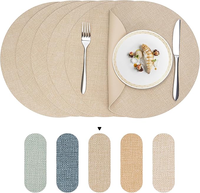 Round Wipeable Placemats Set of 4 – Faux Leather Round Table Mats, Waterproof & Washable Vinyl Placemats, Circle Design for Dining Table Decor– Taupe