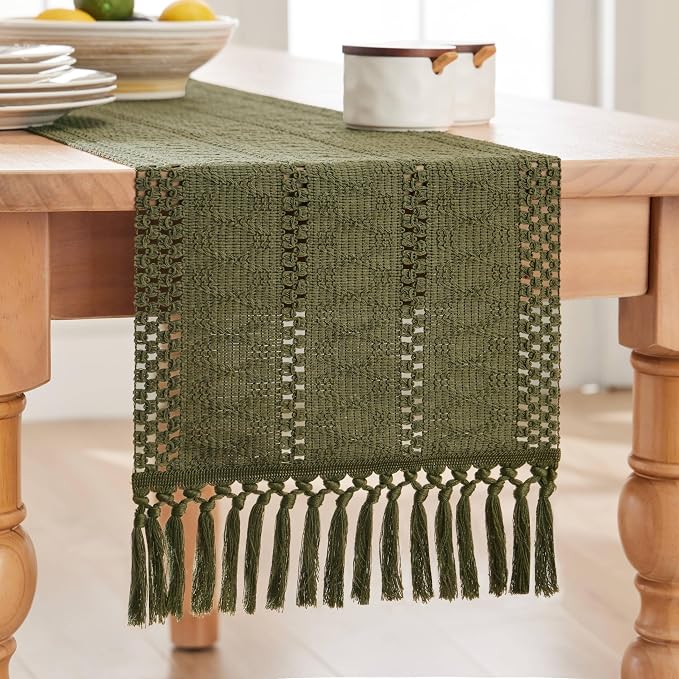 Macrame Style Boho Table Runner, 12x72 Inch Moss | Woven Boho Table Runner - Image 7