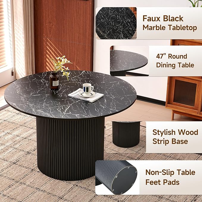 Howtek 5-Piece Modern Dining Room Set, 47" Faux Black Marble Round Dining Table with 4 Gray Space-Saving Upholstered Stackable Dining Chairs, Kitchen Table and Chairs Set for Home