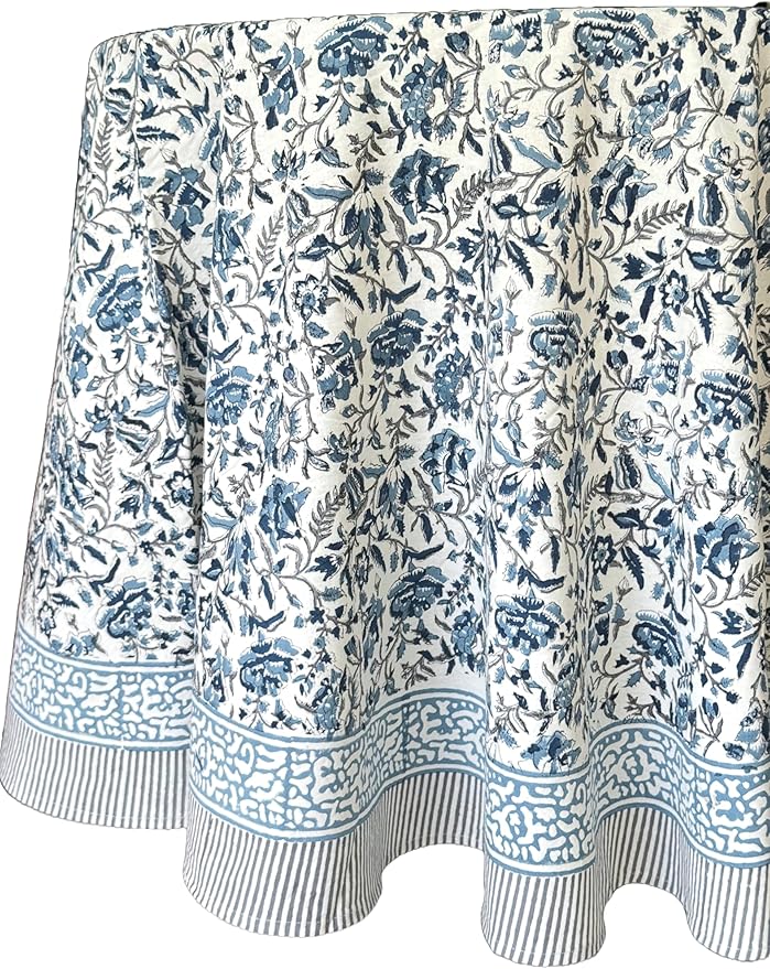 ATOSII Jodhpur Blue 100% Cotton Round Tablecloth, Handblock Print Floral Table Cloth for Kitchen Dining Linen I Parties, Weddings, Outdoors, Christmas I Fall Home Decor 90" Inches Round